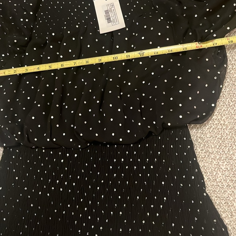 Vici x Gina Black Sheer Polka Dot Chiffon Smocked Ruffle Long Sleeve Mini Dress - Picture 10 of 12